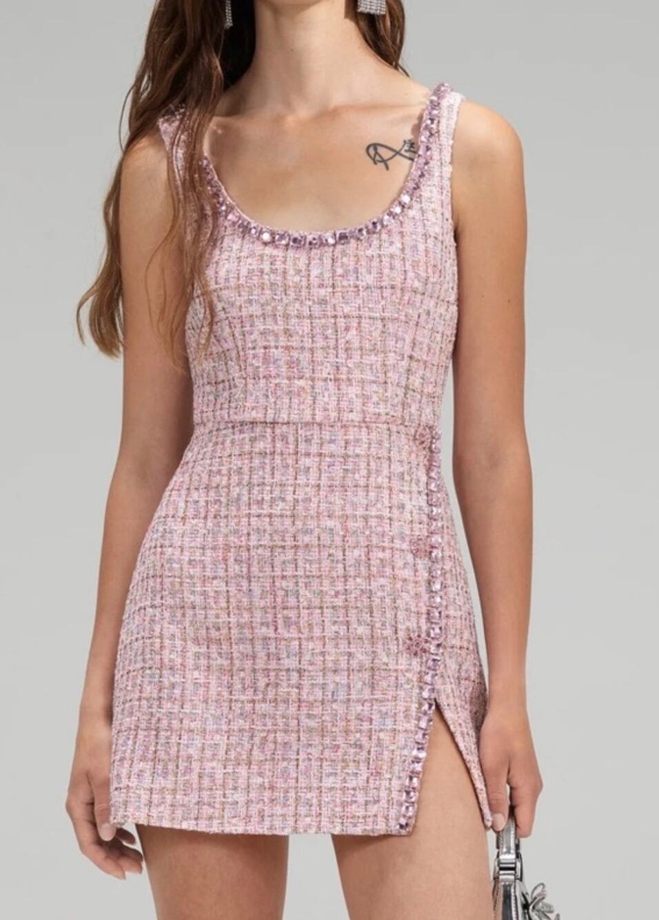 Self-Portrait Pink Boucle Diamante Detail Tweed Crystal Mini Dress